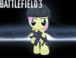 Size: 900x689 | Tagged: safe, artist:osakahatsunemikuo, butterscotch, fluttershy, pegasus, pony, battlefield, battlefield 3, crossover, gun, mk.18, rule 63