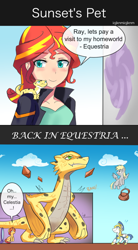 Size: 600x1088 | Tagged: safe, artist:tzc, derpy hooves, ray, sunset shimmer, dragon, pegasus, pony, unicorn, equestria girls, clothes, comic, dragonified, jacket, leather jacket, leopard gecko, portal, royal guard, single page comic, species swap, speech bubble, text, wyvern