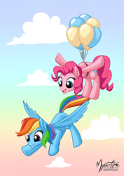 Size: 955x1351 | Tagged: safe, artist:mysticalpha, derpibooru import, pinkie pie, rainbow dash, earth pony, pegasus, pony, the lost treasure of griffonstone, balloon, cute, diapinkes, flying, that was fast, then watch her balloons lift her up to the sky