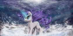 Size: 2048x1024 | Tagged: safe, artist:plotcore, rarity, pony, unicorn, magic, snow, snowfall, solo, windswept mane, winter