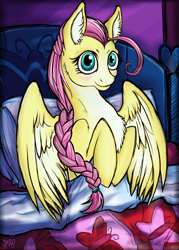 Size: 708x991 | Tagged: safe, artist:dezy-x29, fluttershy, pegasus, pony, alternate hairstyle, bed, chest fluff, looking at you, pillow, solo