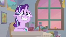 Size: 1920x1080 | Tagged: safe, screencap, starlight glimmer, pony, unicorn, student counsel, bracelet, chair, cup, cute, female, floppy ears, glimmerbetes, grin, jewelry, mare, mug, sitting, smiling, solo, teabag, teacup, window