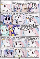 Size: 2322x3395 | Tagged: safe, artist:40kponyguy, derpibooru exclusive, fluttershy, lyra heartstrings, princess celestia, rarity, twilight sparkle, twilight sparkle (alicorn), alicorn, pegasus, pony, unicorn, 40kponyguy's the staff of aurelian, comic, traditional art