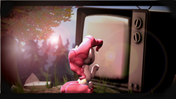 Size: 1920x1080 | Tagged: safe, artist:herpderpington11, pinkie pie, earth pony, pony, 3d, abstract, breaking the fourth wall, gmod, lens flare, television, tree