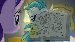 Size: 1920x1080 | Tagged: safe, screencap, starlight glimmer, terramar, cockatrice, hippogriff, pony, unicorn, student counsel, anatomy, book, diagram, female, illustration, male, mare, open book, shipping fuel, sticky note, written equestrian