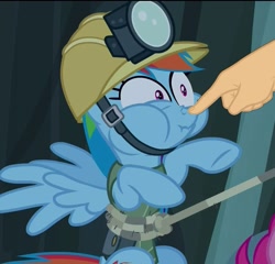 Size: 1125x1080 | Tagged: safe, derpibooru import, edit, edited screencap, screencap, rainbow dash, pegasus, pony, the lost treasure of griffonstone, boop, boop edit, finger, hand, hard hat, hat, nose wrinkle, scrunchy face