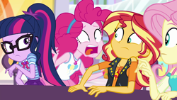 Size: 1920x1080 | Tagged: safe, screencap, fluttershy, pinkie pie, sci-twi, sunset shimmer, twilight sparkle, better together, equestria girls, rollercoaster of friendship, geode of empathy, geode of sugar bombs, geode of telekinesis, open mouth