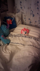 Size: 439x772 | Tagged: safe, pinkie pie, bed, irl, photo, plushie, room, sleeping, solo