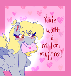 Size: 500x531 | Tagged: safe, artist:cubbybatdoodles, derpy hooves, ditzy doo, pegasus, pony, blushing, envelope, exclamation point, female, heart, heart background, solo, wings