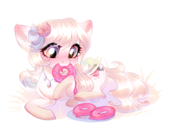 Size: 2300x1800 | Tagged: safe, artist:fenwaru, derpibooru import, oc, bat pony, bat pony oc, bow, cute, donut, female, flower, flower in hair, food, jewelry, mouth hold, necklace, ocbetes, simple background, solo, white background, ych result
