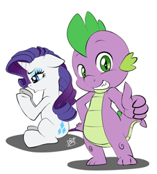 Size: 1200x1325 | Tagged: safe, artist:pia-sama, rarity, spike, dragon, pony, unicorn, cute, female, floppy ears, grin, lidded eyes, looking at you, male, pouting, shipping, simple background, sitting, sparity, straight, thumbs up, underhoof, white background