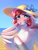 Size: 1500x2000 | Tagged: safe, artist:fenwaru, derpibooru import, pony, beach, blushing, ear piercing, flower, freckles, hat, ocean, pegasus oc, piercing, sand, sky, solo, ych result