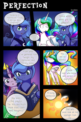 Size: 1500x2266 | Tagged: safe, artist:vavacung, princess celestia, princess luna, twilight sparkle, twilight sparkle (alicorn), alicorn, pony, comic:to love alicorn, book, comic, dialogue, female, filly, mare, speech bubble, woona