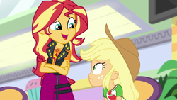 Size: 1920x1080 | Tagged: safe, screencap, applejack, sunset shimmer, better together, equestria girls, rollercoaster of friendship, geode of empathy, geode of super strength