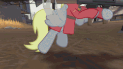 Size: 464x261 | Tagged: safe, artist:darkgloones, derpy hooves, rarity, pony, unicorn, animated, clothes, cosplay, costume, dead ringer, derpy soldier, market gardener, rarispy, rocket launcher, shovel, soldier, spy, team fortress 2, trolldier, youtube link