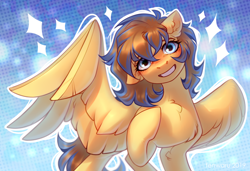 Size: 1280x873 | Tagged: safe, artist:fenwaru, derpibooru import, oc, oc only, pegasus, pony, abstract background, blushing, chest fluff, ear fluff, female, floppy ears, hoof on chest, leg fluff, looking at you, mare, outline, smiling, solo, spread wings, wings