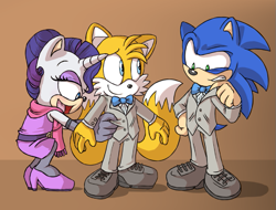 Size: 733x558 | Tagged: dead source, safe, artist:atomiclance, rarity, anthro, plantigrade anthro, crossover, group, miles "tails" prower, mobian, sonic the hedgehog, sonic the hedgehog (series), sonicified