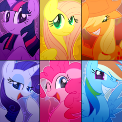 Size: 1200x1200 | Tagged: safe, artist:hanatoushin, derpibooru import, applejack, fluttershy, pinkie pie, rainbow dash, rarity, twilight sparkle, earth pony, pegasus, pony, unicorn, mane six, smiling