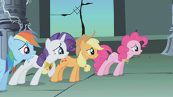 Size: 1280x720 | Tagged: safe, derpibooru import, screencap, applejack, pinkie pie, rainbow dash, rarity, earth pony, pegasus, pony, unicorn, friendship is magic, animation error, castle of the royal pony sisters