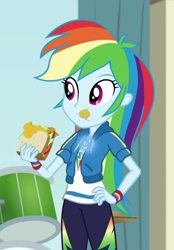 Size: 716x1029 | Tagged: safe, derpibooru import, screencap, rainbow dash, better together, equestria girls, overpowered (equestria girls), clothes, cropped, female, food, geode of super speed, hoodie, jacket, magical geodes, pants, sandwich, solo