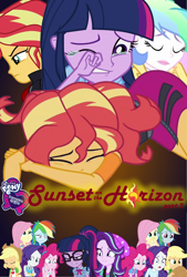 Size: 712x1055 | Tagged: safe, artist:biggernate91, edit, editor:biggernate91, applejack, fluttershy, pinkie pie, princess celestia, rainbow dash, rarity, sci-twi, starlight glimmer, sunset shimmer, twilight sparkle, pony, better together, equestria girls, crying, death, equestria girls logo, geode of shielding, geode of sugar bombs, geode of super strength, geode of telekinesis, human ponidox, human sunset, humane five, humane seven, humane six, implied death, implied murder, logo, magical geodes, mane six, poster, self ponidox, twolight