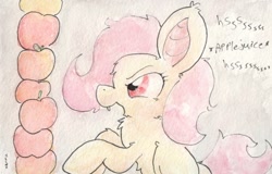 Size: 1062x679 | Tagged: safe, artist:slightlyshade, fluttershy, apple, flutterbat, solo, traditional art