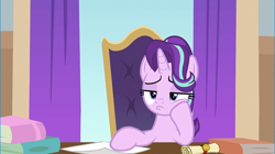 Size: 802x450 | Tagged: safe, starlight glimmer, pony, unicorn, a matter of principals, book, curtains, desk, hoof on cheek, paper, pessimist, pouting, pouty lips, scroll, starlight glimmer is best facemaker, starlight is not amused, starlight's office, unamused, what could possibly go wrong, window