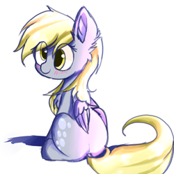 Size: 1000x1000 | Tagged: safe, artist:heddopen, derpy hooves, pegasus, pony, blushing, bubble butt, chest fluff, ear fluff, female, looking back, mare, rear view, sitting, smiling, solo