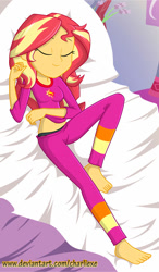 Size: 436x749 | Tagged: safe, artist:charliexe, sunset shimmer, equestria girls, barefoot, belly button, black panties, black underwear, clothes, cute, eyes closed, feet, female, pajamas, panties, pants, pillow, shimmerbetes, sleeping, smiling, solo, sunset's apartment, underwear