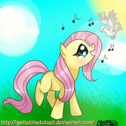 Size: 892x895 | Tagged: dead source, safe, artist:vixelzf, fluttershy, bird, pegasus, pony, blank flank, singing, wingless