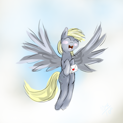 Size: 2875x2892 | Tagged: safe, artist:hippik, derpy hooves, pegasus, pony, blush sticker, blushing, eyes closed, female, flying, happy, letter, love letter, mare, smiling, solo, spread wings, wings