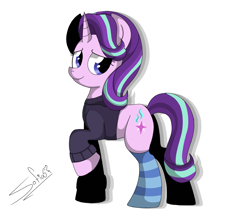 Size: 2000x1786 | Tagged: safe, artist:mr.rexy, starlight glimmer, pony, unicorn, clothes, looking at you, simple background, smiling, socks, solo, striped socks, sweat