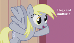 Size: 1836x1080 | Tagged: safe, edit, edited screencap, screencap, derpy hooves, slice of life (episode), bowling alley, bronybait, cropped, cute, derpabetes, hug request, text