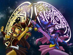 Size: 2750x2100 | Tagged: safe, artist:mauroz, sci-twi, sunset shimmer, twilight sparkle, equestria girls, anime, armpits, clothes, commission, crossover, dark magician girl, female, glasses, magic, magic circle, open mouth, scepter, yu-gi-oh!