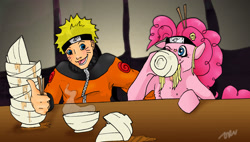 Size: 1988x1131 | Tagged: safe, artist:decadent-orochimaru, artist:orochimartyr, pinkie pie, earth pony, pony, crossover, food, naruto, noodles, ramen, uzumaki naruto