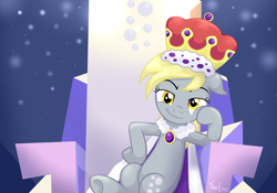 Size: 2000x1400 | Tagged: safe, artist:tina-de-love, derpy hooves, pegasus, pony, a royal problem, crown, female, friendship throne, looking at you, mare, princess derpy, queen derpy, regalia, sitting, smiling, smirk, smug, solo, throne, throne slouch