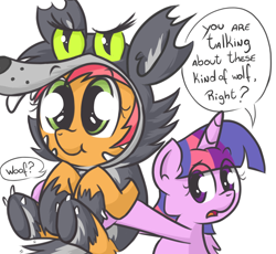 Size: 1100x1010 | Tagged: dead source, safe, artist:twily-and-friends, derpibooru import, babs seed, twilight sparkle, twilight sparkle (alicorn), alicorn, pony, wolf, adorababs, animal costume, ask, big babs wolf, clothes, cute, dialogue, female, hnnng, holding a pony, mare, wolf costume