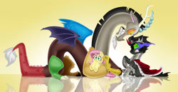 Size: 1280x663 | Tagged: safe, artist:chicajamonxd, discord, fluttershy, king sombra, pegasus, pony, unicorn, now you fucked up, protecting, you dun goofed