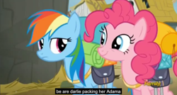 Size: 1600x855 | Tagged: safe, derpibooru import, screencap, pinkie pie, rainbow dash, earth pony, pegasus, pony, the lost treasure of griffonstone, battlestar galactica, meme, youtube caption