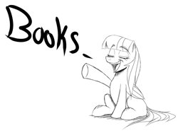 Size: 1000x750 | Tagged: safe, artist:thethunderpony, derpibooru import, rainbow dash, pegasus, pony, the lost treasure of griffonstone, blank flank, book, manebow sparkle, monochrome, one word, open mouth, sketch, solo