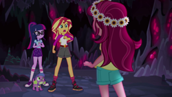 Size: 1280x720 | Tagged: safe, screencap, gloriosa daisy, sci-twi, spike, spike the regular dog, sunset shimmer, twilight sparkle, dog, equestria girls, legend of everfree, converse, floral head wreath, flower, shoes, sneakers