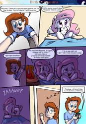 Size: 1280x1853 | Tagged: safe, artist:shieltar, philomena, princess celestia, oc, oc:grace harmony, human, comic:birth of equestria, cewestia, comic, dialogue, female, filly, pink-mane celestia, speech bubble