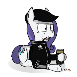 Size: 1300x1300 | Tagged: safe, artist:kippzu, rarity, pony, unicorn, /pone/, 8chan, adidas, alcohol, beer, cigarette, flat cap, food, gopnik, hat, slav, smoking, solo, tracksuit