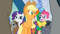 Size: 1365x768 | Tagged: safe, screencap, applejack, pinkie pie, rarity, earth pony, pony, unicorn, the crystal empire, flugelhorn