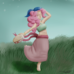 Size: 2000x2000 | Tagged: safe, artist:schizophrenicghost, pinkie pie, human, barefoot, bracelet, clothes, eyes closed, feet, grass, gypsy pie, humanized, long skirt, musical instrument, necklace, scarf, skirt, sky, solo, tambourine