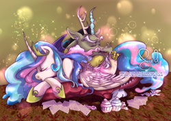 Size: 600x424 | Tagged: safe, artist:nekoi-echizen, discord, princess celestia, alicorn, pony, card, cuddling, cupcake, dislestia, fanfic art, female, male, prone, shipping, sleeping, snuggling, straight