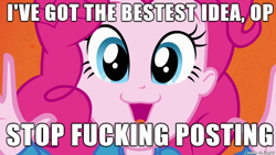 Size: 610x343 | Tagged: safe, edit, screencap, pinkie pie, equestria girls, equestria girls (movie), :3, cute, helping twilight win the crown, image macro, it's time to stop posting, jazz hands, meme, op, pinkie's catface, reaction image, vulgar