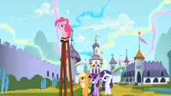 Size: 1365x768 | Tagged: safe, screencap, applejack, pinkie pie, rarity, twilight sparkle, earth pony, pony, unicorn, the crystal empire, frown, looking up, open mouth, raised hoof, smiling, stilts