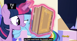 Size: 1600x855 | Tagged: safe, derpibooru import, screencap, rainbow dash, twilight sparkle, twilight sparkle (alicorn), alicorn, pegasus, pony, the lost treasure of griffonstone, book, female, mare, meme, youtube caption