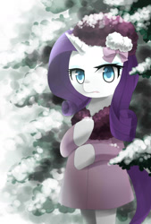 Size: 1100x1628 | Tagged: safe, artist:owlgrandfather, rarity, pony, semi-anthro, unicorn, clothes, coat, hat, snow, solo, winter